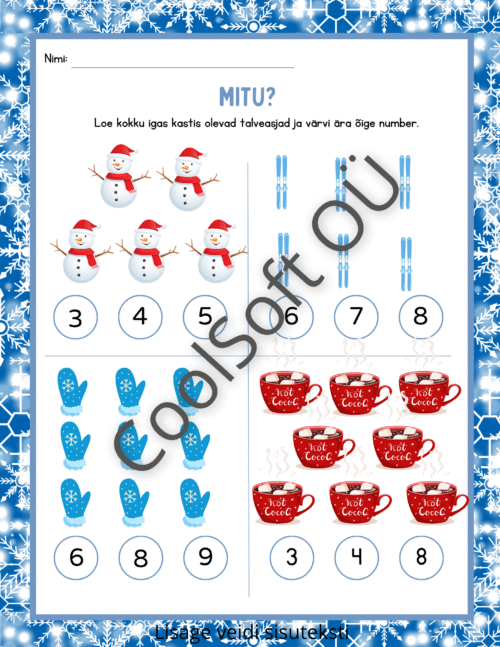 Talveteemaline matemaatika tööleht „MITU?“ – loendamisülesanded piltidega ja numbrite värvimine, 2 lehekülge