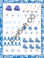 Talveteemaline matemaatika tööleht „MITU?“ – loendamisülesanded piltidega ja numbrite värvimine, 2 lehekülge