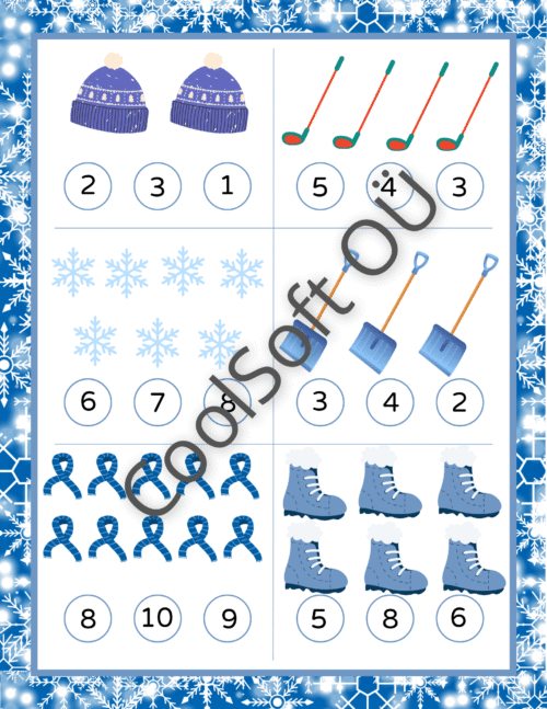 Talveteemaline matemaatika tööleht „MITU?“ – loendamisülesanded piltidega ja numbrite värvimine, 2 lehekülge