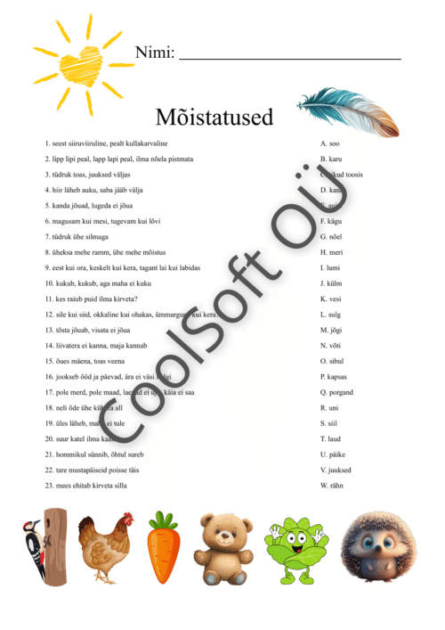 Mõistatuste tööleht lastele – loe mõistatus ja ühenda see õige vastusega