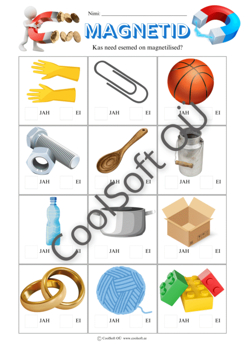 Laste tööleht „Magnetid“, kus tuleb otsustada, kas pildil olev ese on magnetiline või mitte.