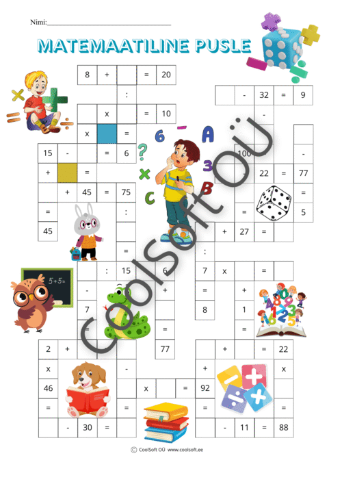 Matemaatiline pusle tööleht loogiliste arvutusülesannetega lastele
