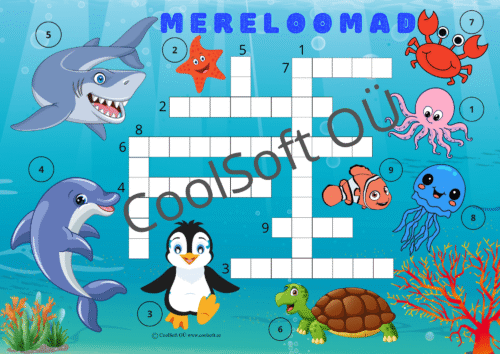 Mereloomade tööleht ristsõna ja värviliste mereloomade piltidega