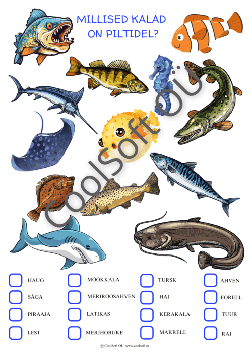Kalade tundmise tööleht, kus laps seostab kalade pilte ja nimetusi.