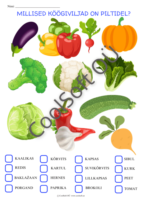 Köögiviljade piltidega tööleht, kus laps valib õiged nimetused piltidel olevatele köögiviljadele.