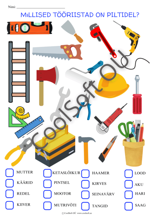 Tööriistade piltidega tööleht lastele, kus tuleb valida õiged nimetused
