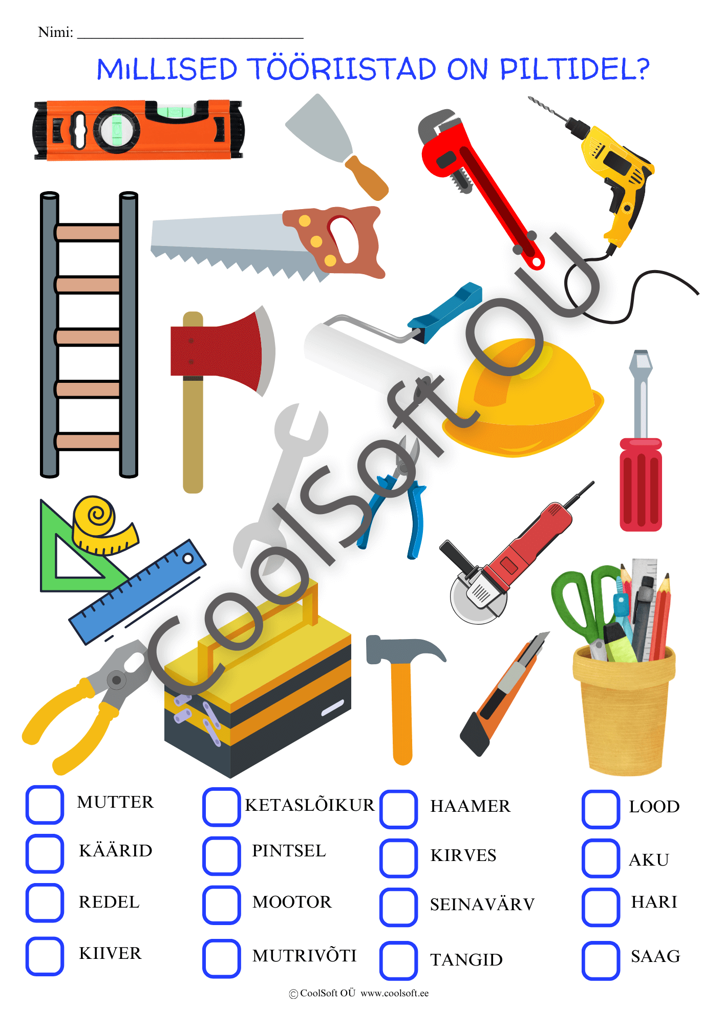 Millised-tooriistad-on-piltidel-–-tooleht-lastele Tööriistade piltidega tööleht lastele, kus tuleb valida õiged nimetused