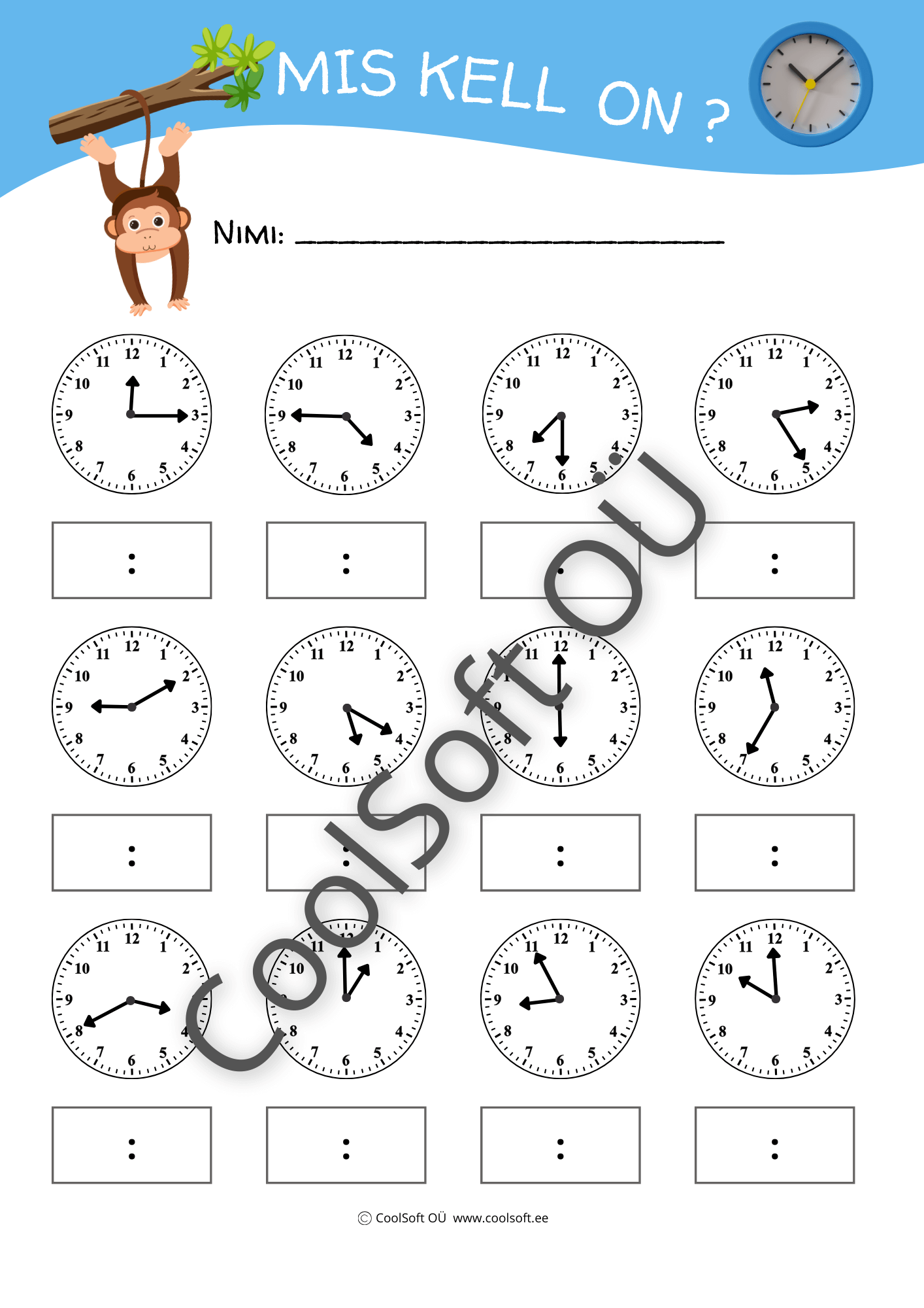 Mis-kell-on-–-analoogkella-lugemise-tooleht-9 Kella lugemise tööleht lastele, kus tuleb vaadata analoogkella ja kirjutada õige kellaaeg.
