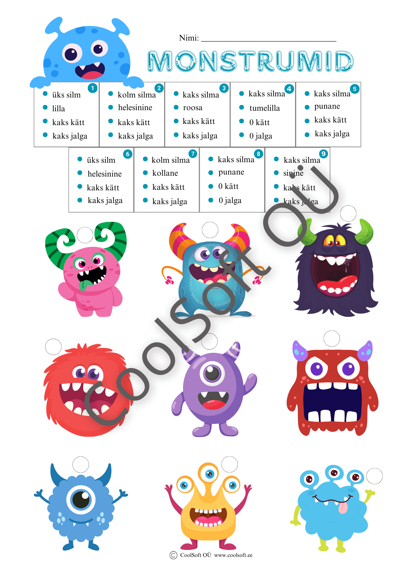 Monstrumid-–-loogiline-ja-manguline-tooleht-lastele Laste tööleht „Monstrumid“, kus tuleb juhendite järgi sobitada õiged värvilised monstrumid.