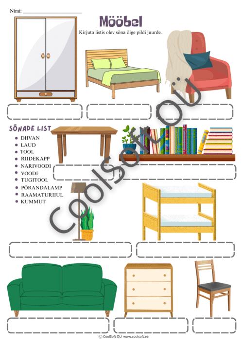 Mööbli teemaline tööleht, kus lapsed kirjutavad sõnade nimekirjast õige mööblieseme nime pildi juurde