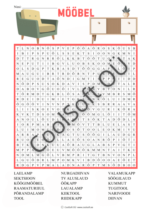 Mööbli teemaline sõnaotsingu tööleht, kus lapsed otsivad täherägastikust mööbliesemete nimetusi