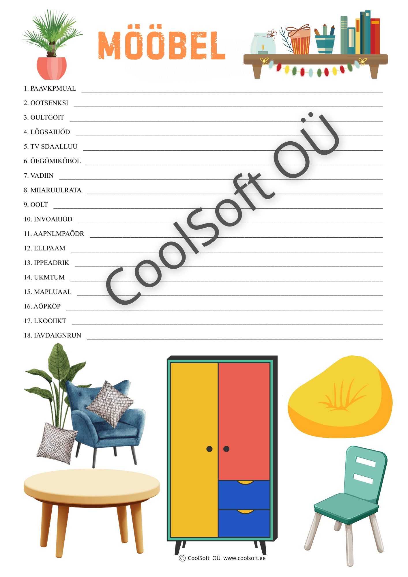 Moobel-–-tahed-segamini-tooleht-lastele Mööbli teemaline tööleht, kus lapsed moodustavad segamini tähtedest mööbliesemete nimetusi