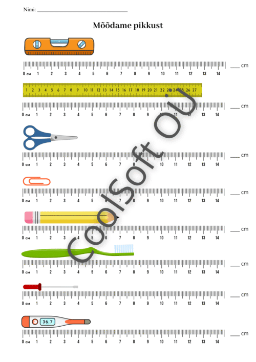 Pikkuse mõõtmise tööleht joonlauaga ja erinevate esemetega