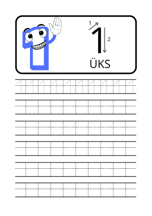 Numbrite kirjutamise tööleht – number 1 harjutusjoonte ja kirjutamisjuhistega lastele