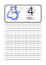 Numbrite kirjutamise tööleht – number 4 harjutusjoonte ja kirjutamisjuhistega lastele