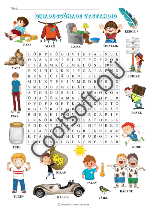 Omadussõnade vastandite tööleht koos piltide ja sõnavõrguga