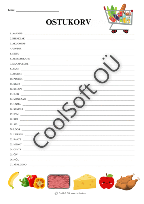 Ostukorv tööleht segamini tähtedest toidunimede moodustamiseks