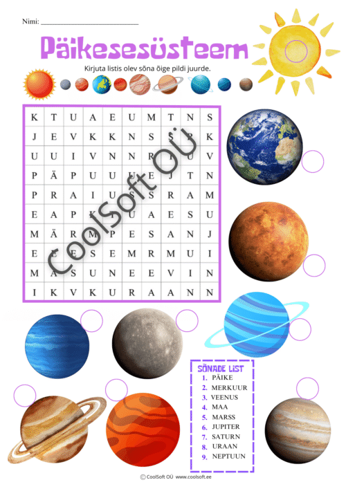 Päikesesüsteemi tööleht lastele planeetide õppimiseks
