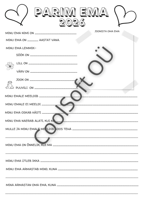 Parim ema tööleht, kus laps kirjutab oma emast ja joonistab ema pildi