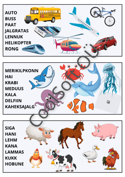 15-leheküljeline pildisõnastiku töölehtede komplekt lastele erinevate teemade ja illustratsioonidega