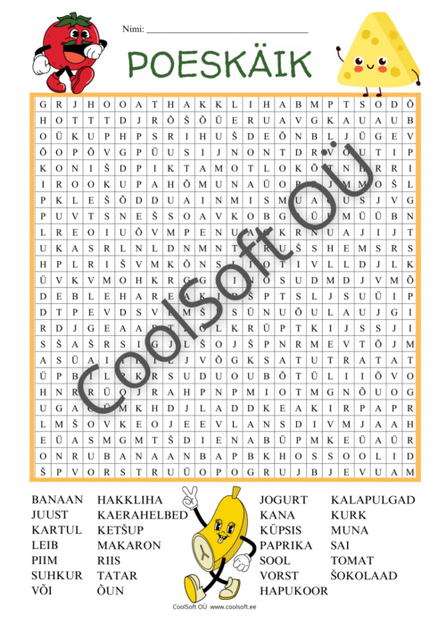 Poeskäik sõnaotsingu tööleht toidukaupade otsimiseks lastele