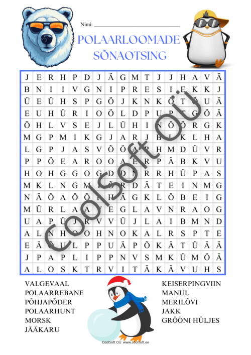 Polaarloomade teemaline sõnaotsingu tööleht, kus laps otsib täherägastikust loomade nimetusi