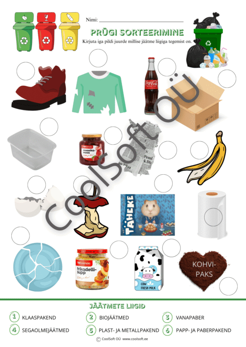 Prügi sorteerimise tööleht lastele, kus tuleb määrata esemete õige jäätmeliik.
