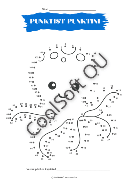 Punktist punktini tööleht, kus laps ühendab numbrid ja avastab peidetud pildi