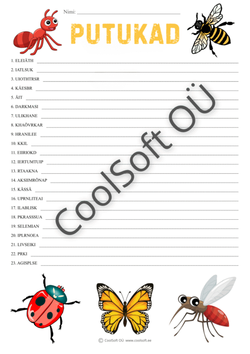 Putukate tööleht lastele, kus segamini tähtedest tuleb moodustada õiged putukate nimetused