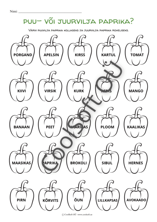 Puu- või juurvilja paprika tööleht, kus laps värvib taimed vastavalt nende kasvukohale.