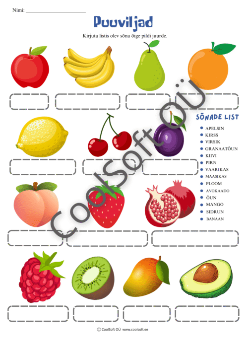 Puuviljad – kirjuta sõna õige pildi juurde
