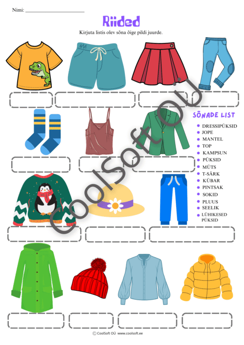 Riiete teemaline tööleht lastele, kus tuleb kirjutada rõivaste nimetused õigete piltide juurde