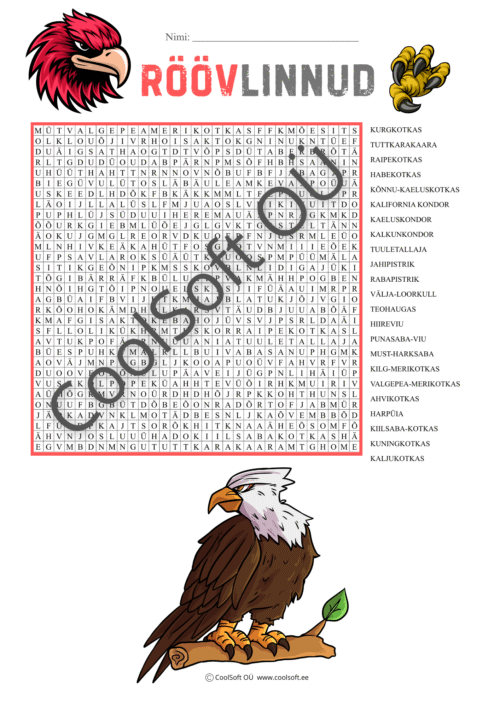 Röövlindude teemaline sõnaotsingu tööleht lastele, kus tuleb leida erinevate röövlindude nimetused tähestikurägastikust