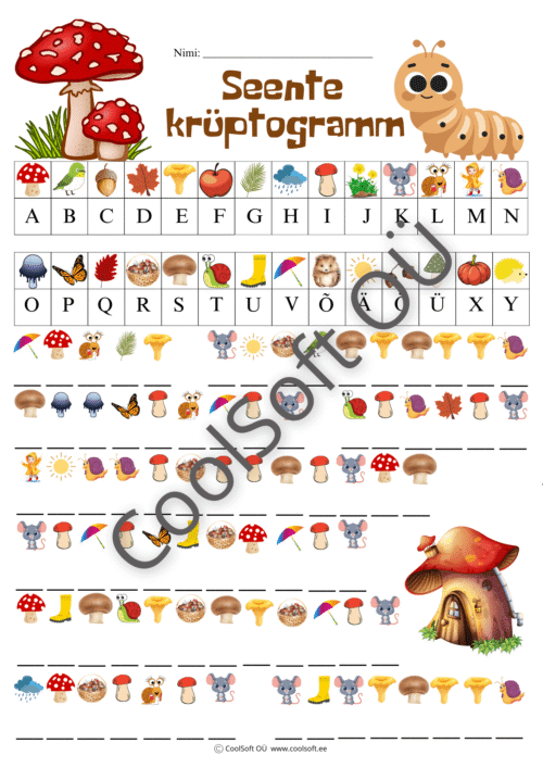 Sügisene krüptogrammi tööleht seente ja metsateemaliste piltidega.