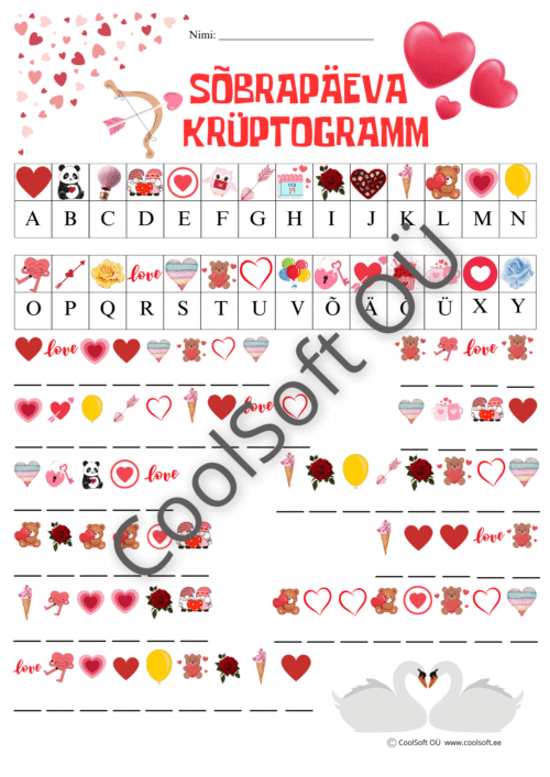 Sõbrapäeva krüptogrammi tööleht lastele südamete ja armsate illustratsioonidega