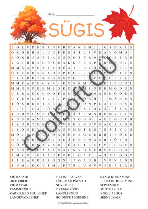 Sügisene sõnaotsingu tööleht, kus laps otsib täheväljast sügisega seotud sõnu