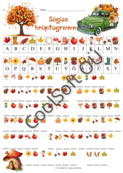 Sügise krüptogrammi tööleht, kus lapsed lahendavad sügisteemalisi pildikrüptogramme