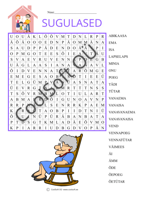 Sugulaste teemaline sõnaotsingu tööleht koos perekonnaillustratsioonidega