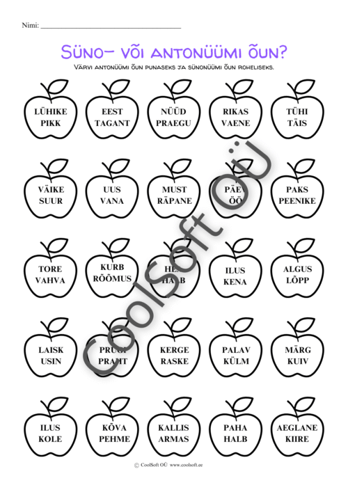 Sünonüüm või antonüüm – värvimisega keeleõppe tööleht CoolSoft