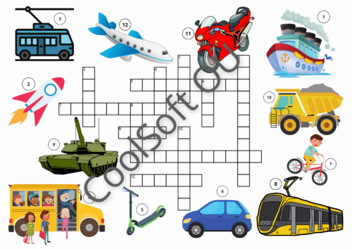 Transpordivahendite teemaline ristsõna tööleht piltidega lastele