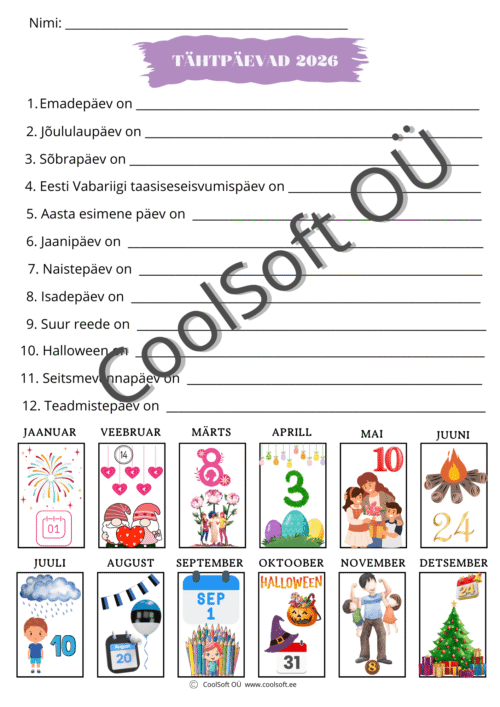 Tähtpäevad 2026 tööleht kalendri ja kuupäevade kirjutamise ülesandega