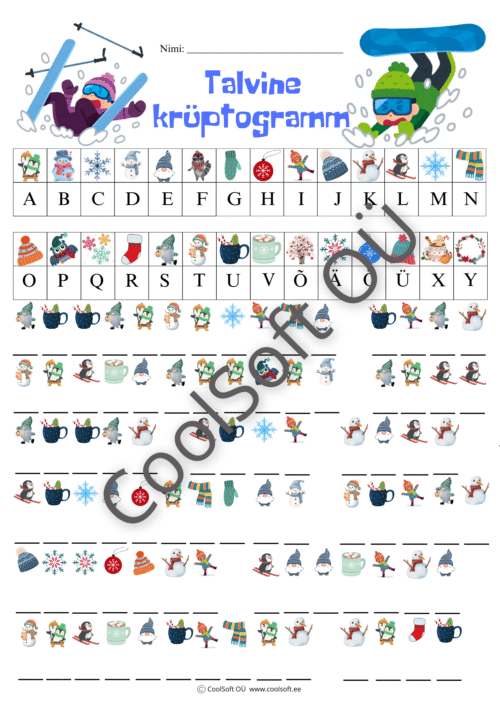 Talvine krüptogrammi tööleht lastele, kus pildid vastavad tähtedele ja moodustavad talveteemalisi sõnu.