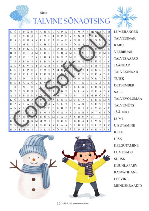 Talvine sõnaotsingu tööleht lastele, kus otsitakse täherägastikust talveteemalisi sõnu.