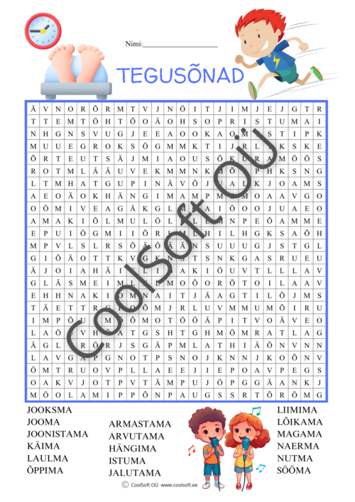 Tegusõnade teemaline sõnaotsingu tööleht lastele, kus tuleb leida täherägastikust erinevad tegevussõnad.