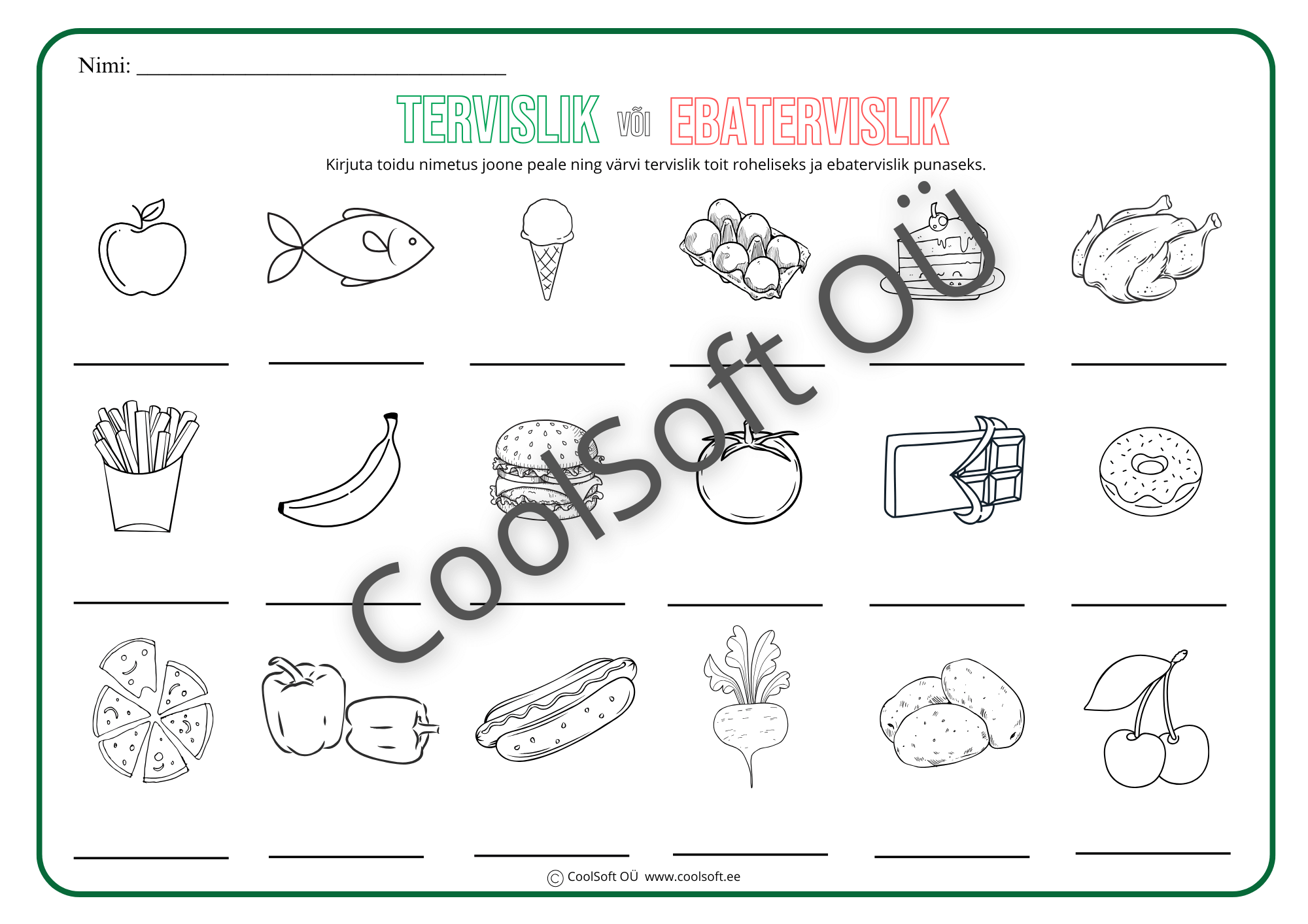 Tervislik-voi-ebatervislik-–-kirjuta-ja-varvi-tooleht Tervislik või ebatervislik tööleht toidu nimetuste kirjutamiseks ja värvimiseks