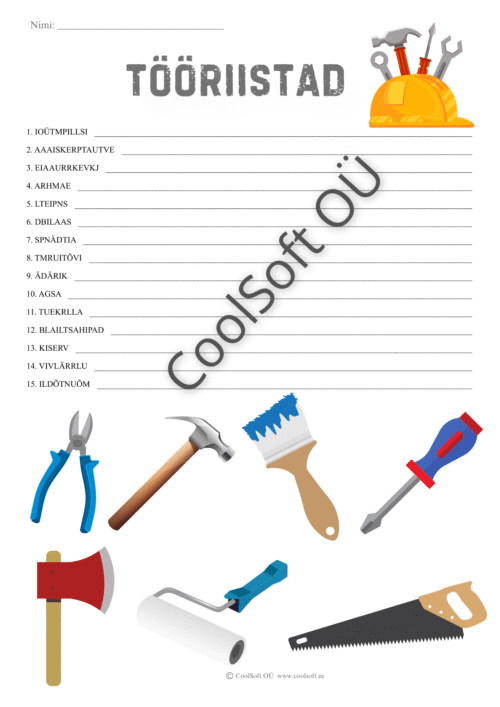 Tööriistade tööleht lastele, kus tuleb segamini tähtedest moodustada õiged sõnad