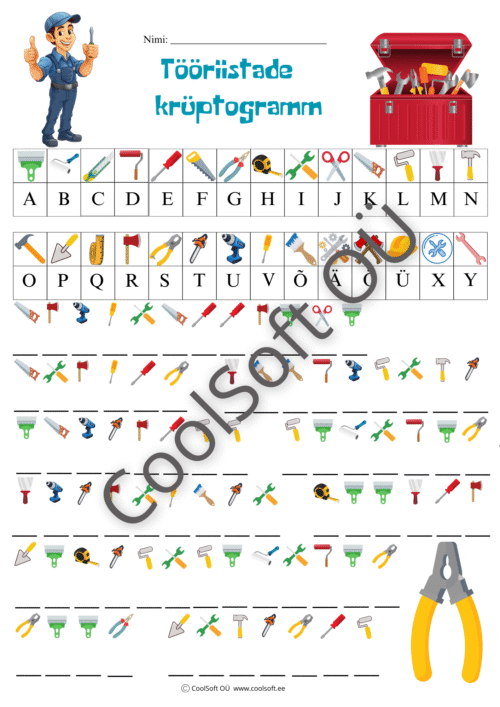 Tööriistade teemaline krüptogrammi tööleht, kus lapsed lahendavad salakirja piltide abil