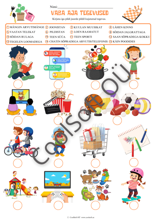 Tööleht vaba aja tegevustega, kus laps kirjutab iga pildi juurde vastava tegevuse
