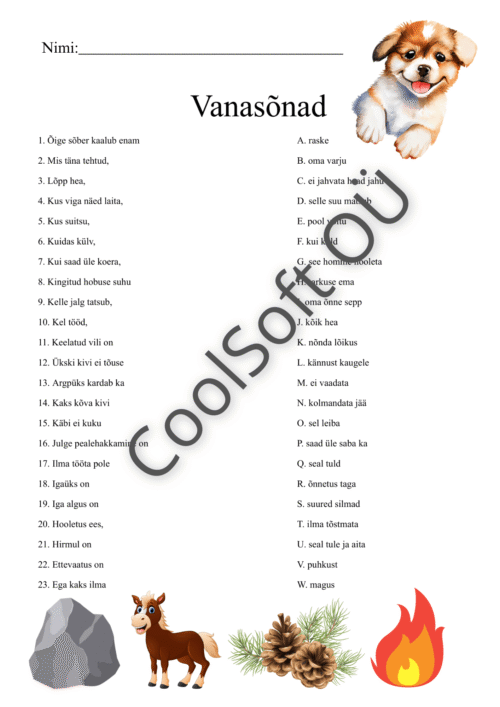 Vanasõnade tööleht, kus lapsed ühendavad vanasõnade algused ja lõpud õigeks tervikuks.