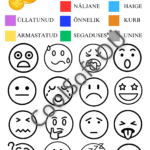 Laste tööleht „Värvi emotikonid“, kus emotikonid tuleb värvida vastavalt emotsioonidele ja värvikoodidele.